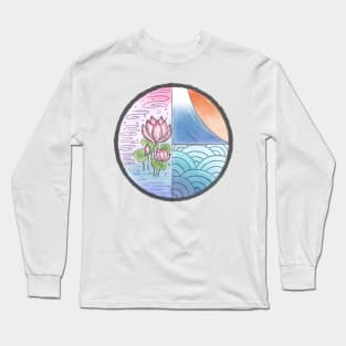 Japanese Mt Fuji Wave Samurai Kimono Ukiyo-e Lotus Art Logo Long Sleeve T-Shirt